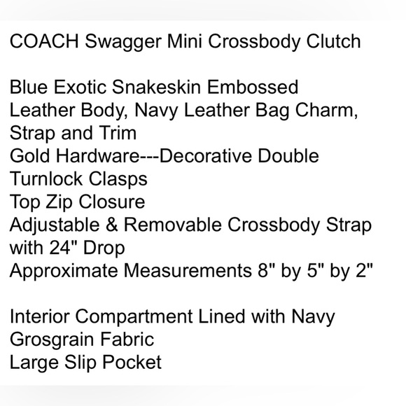 COACH Swagger Exotic Snakeskin Embossed Leather Mini Crossbody Clutch - Picture 2 of 5
